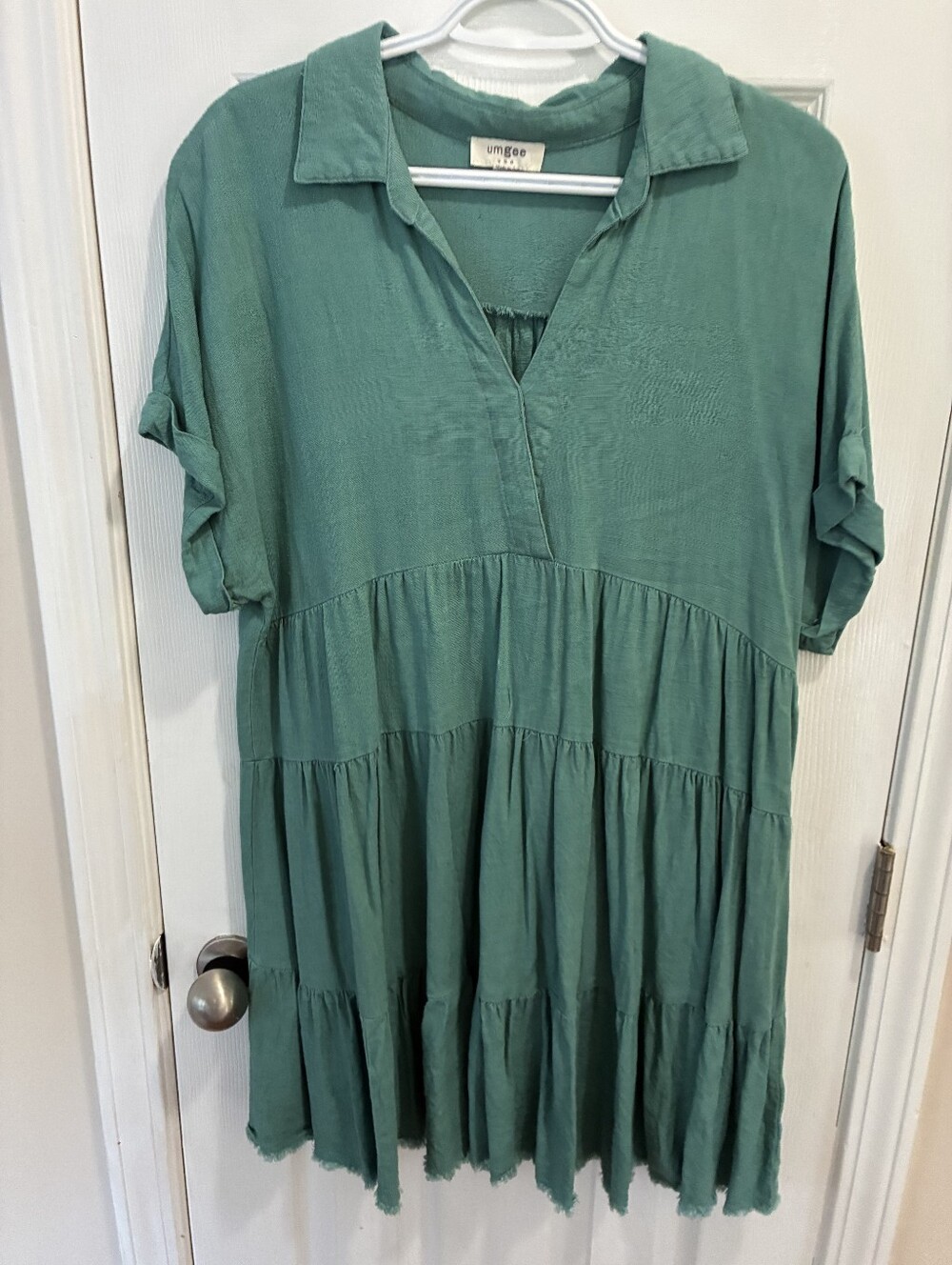 Umgee Teal Tiered V-Neck Babydoll Dress